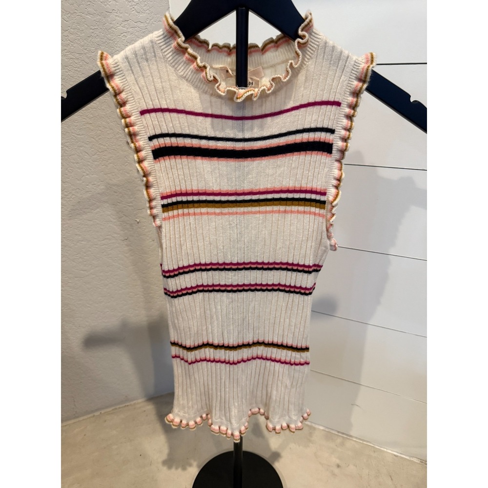 Rebecca‎ Taylor XS Ribbed Knit Sleeveless Top – Striped Ruffle Trim
